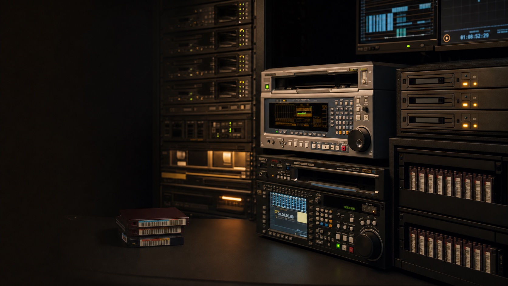 Archive equipment, reels, storage, and a media management workstation