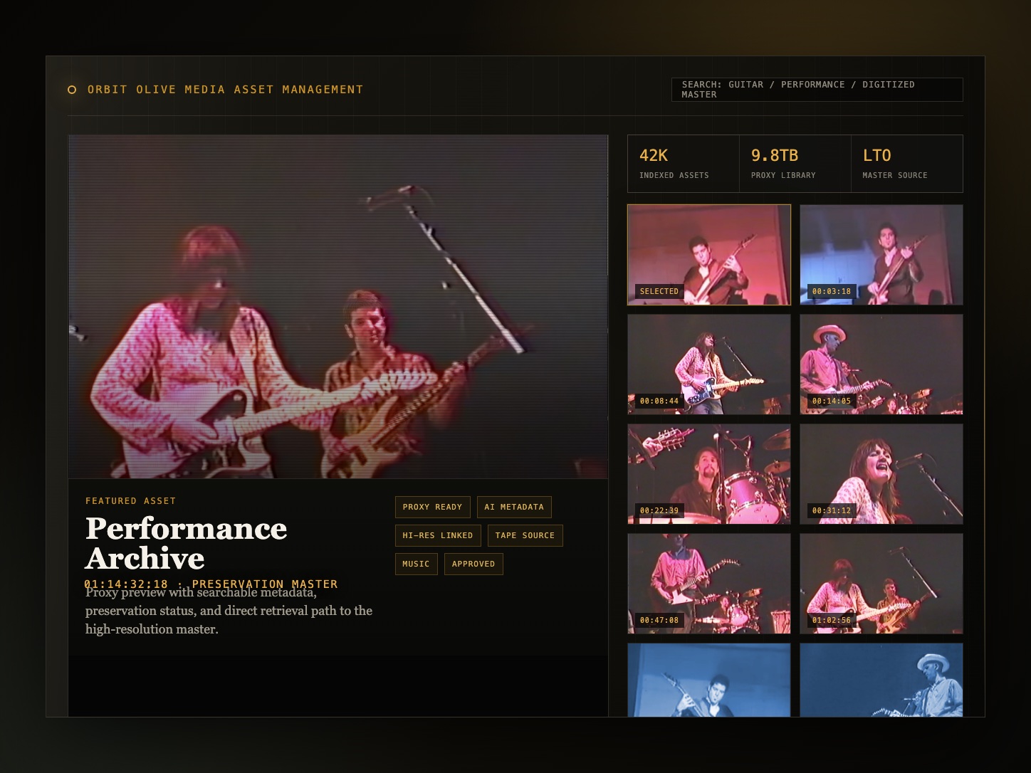 Media asset management interface with video thumbnails and metadata