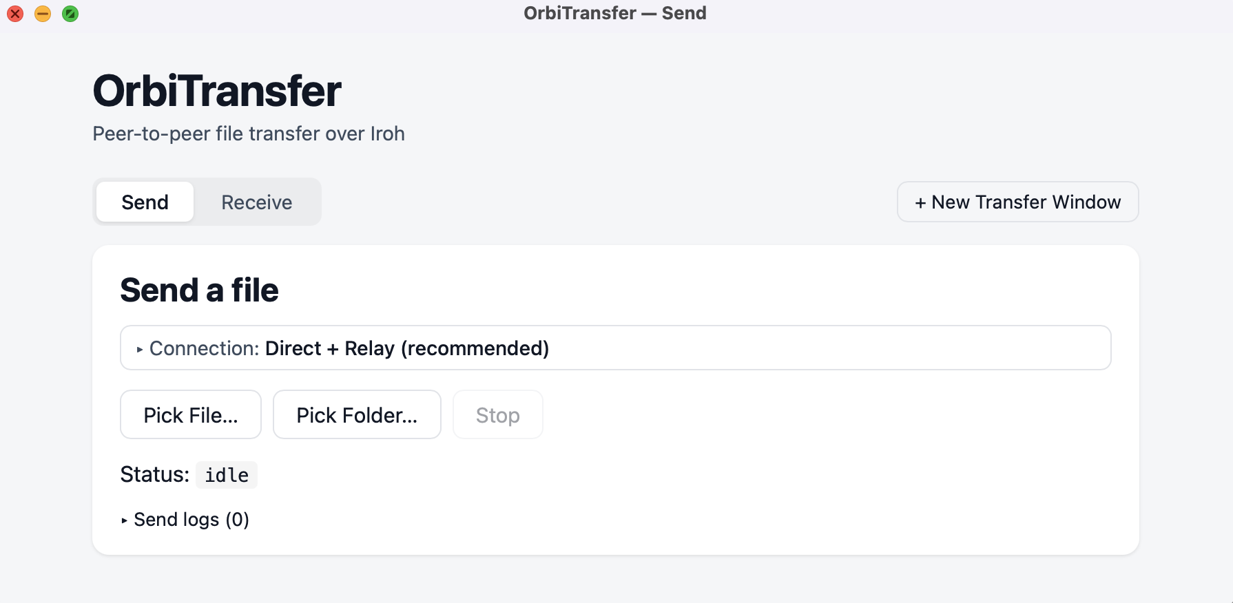 OrbiTransfer desktop app showing file and folder transfer controls