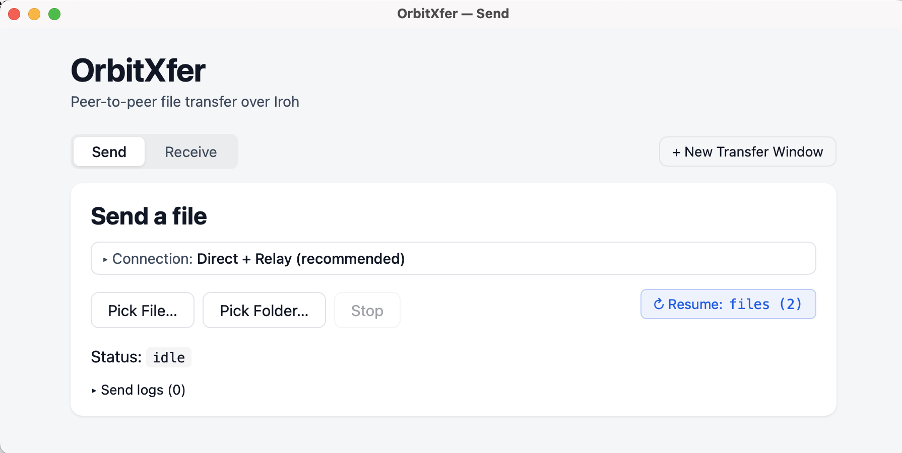 OrbitXfer desktop app showing file and folder transfer controls
