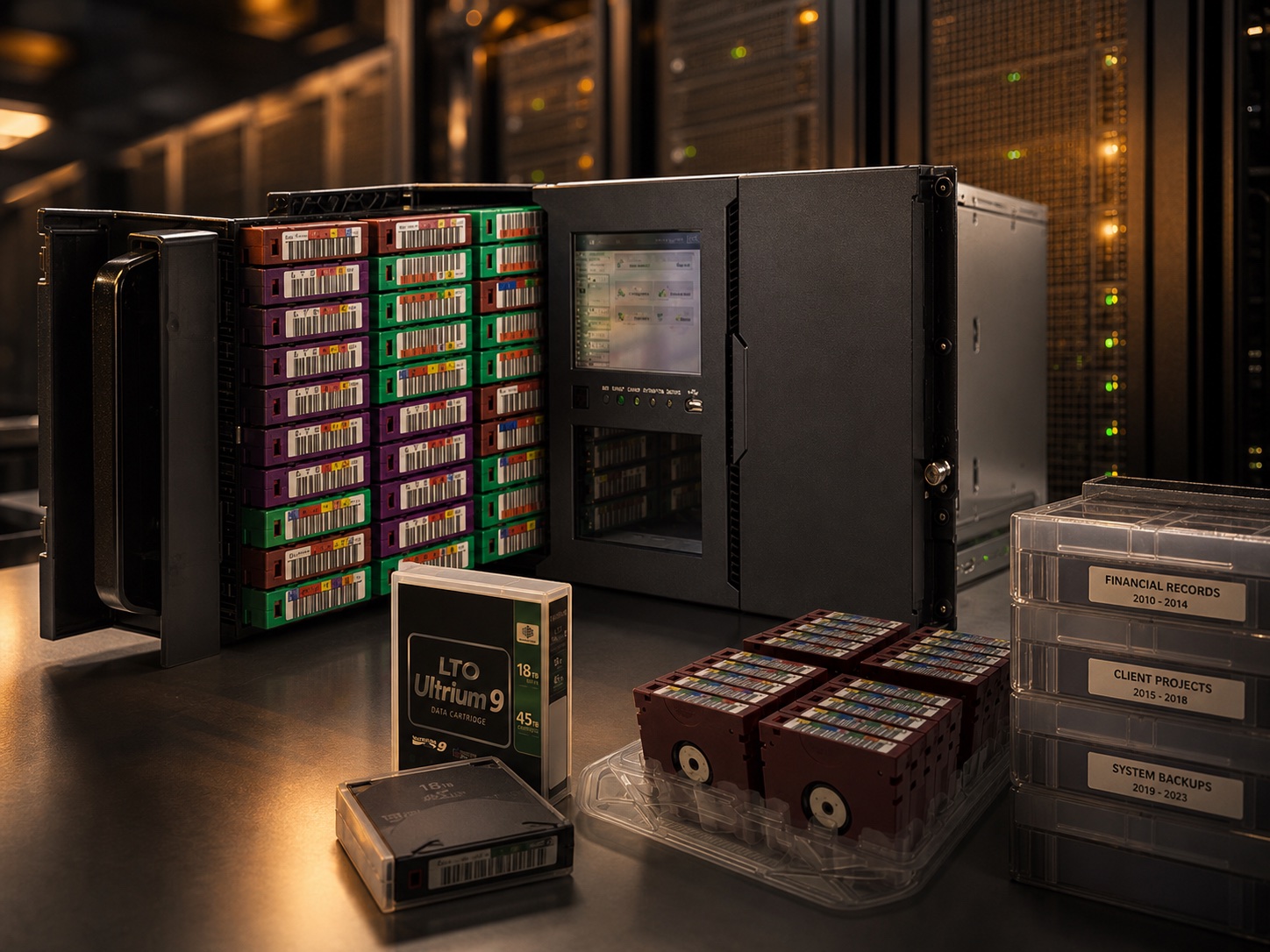 LTO cartridges and secure server racks in an archive room