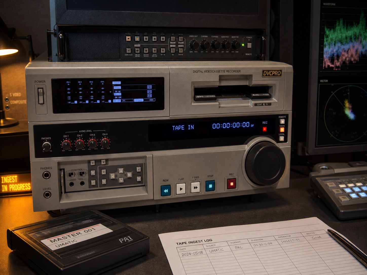 Broadcast tape machines and video scopes in a preservation lab